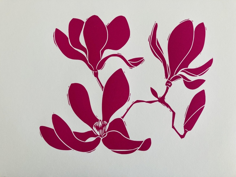 Magnolia image from COVID linoleum prints by Alice Austin