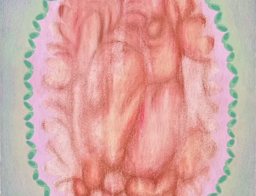  Anna Guarneri. Caption: Keepsake, 2024. 10” x 9” (15” x 14” framed). Colored pencil, gouache and charcoal on paper