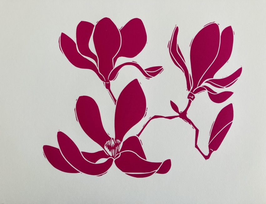 Magnolia image from COVID linoleum prints by Alice Austin